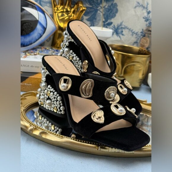 🆕 GIANNI BINI 🧿 NWOB Penei Velvet Pearl Surrealist Ornament Slide Sandal Sz 7 - Picture 6 of 16